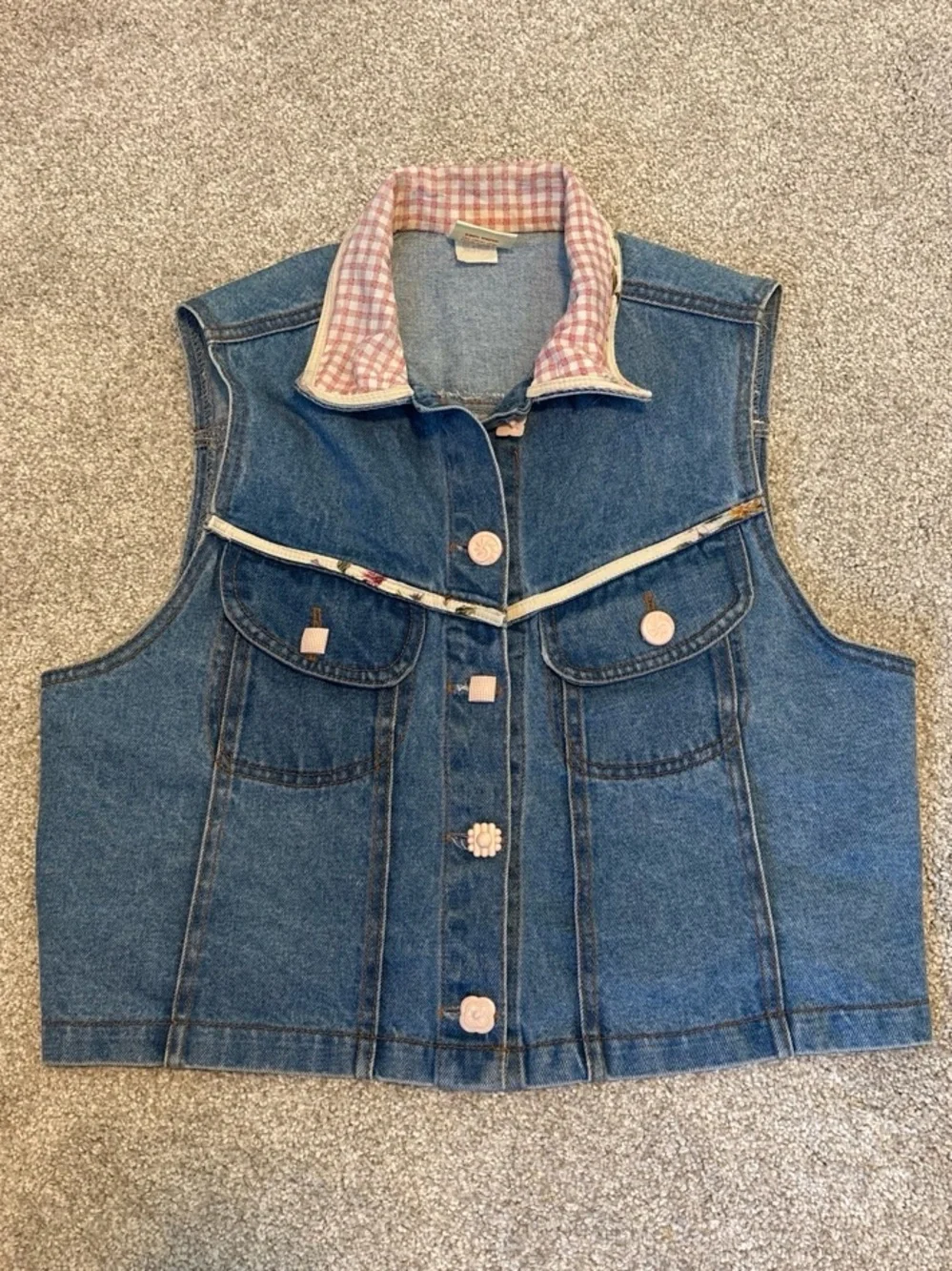 Vintage Romeo Romeo - Denim Vest with Pink Gingham Collar & Floral Trim Detail